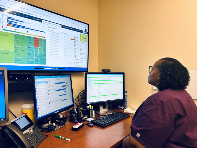 Leticia Sawyers manages the Phlebotomy flightboard.